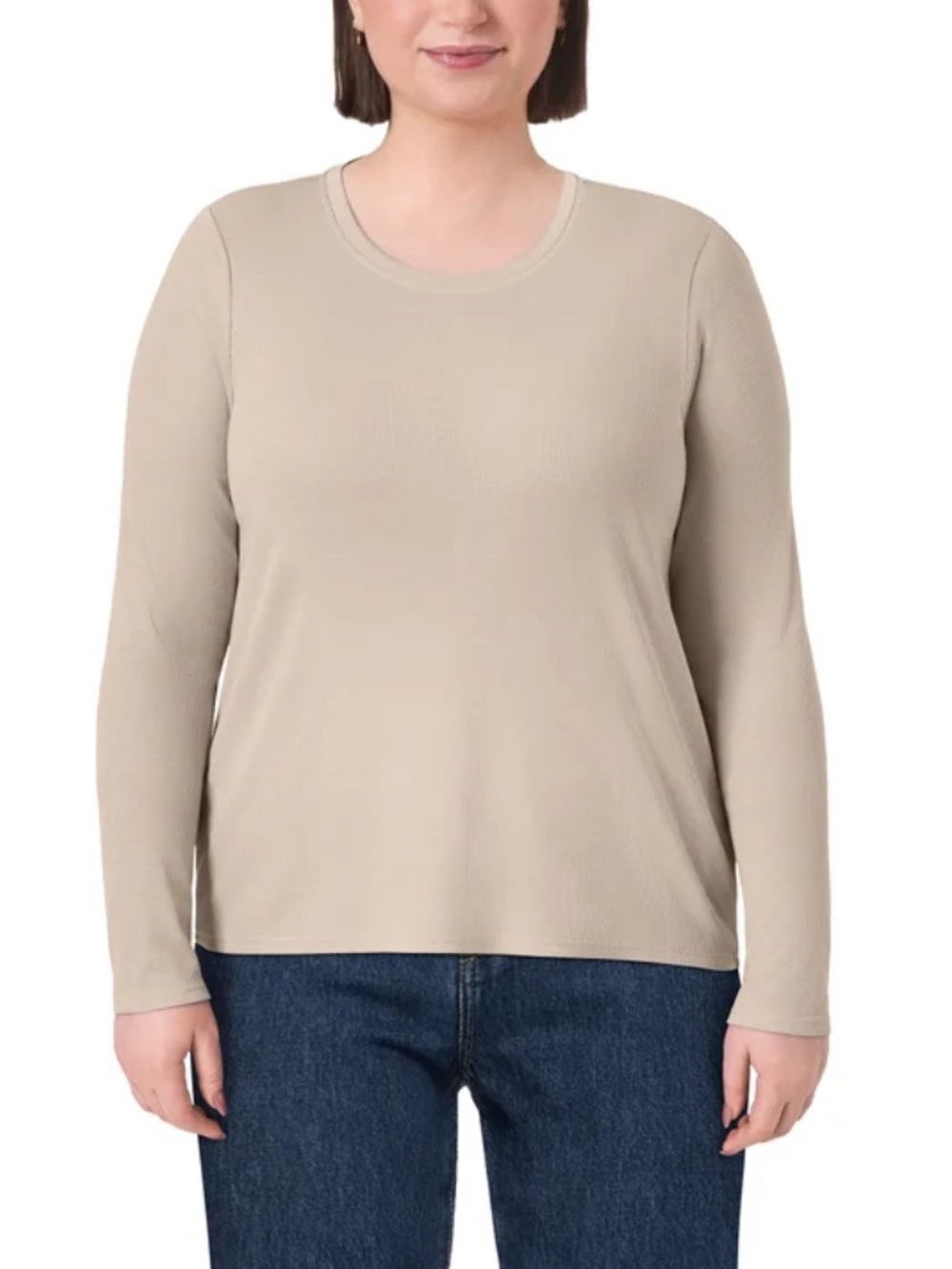 NEW Mondetta Women's Long-Sleeve Ribbed Crewneck Top in Beige